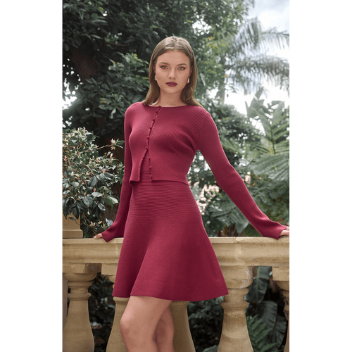 Knit Mini Dress And Cardigan Set With Self Fabric Buttons (WKN781)
