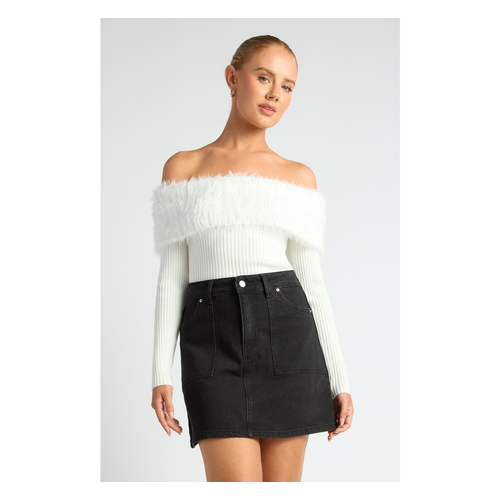 Eyelash Knit Contrast Neckline Off The Shoulder Top (WKN809)