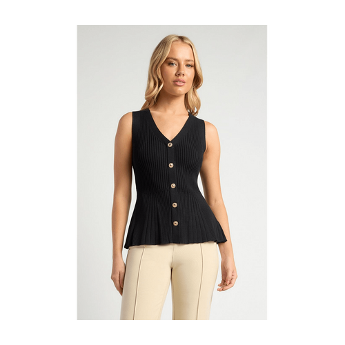Peplum Hem Textured Knit Vest Top With Gold Button Details (WKN837)