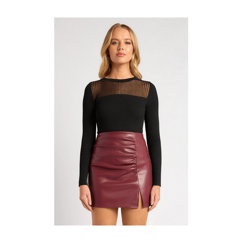 Sheer Stripe Textured Neckline Long Sleeve Knit Top (WKN841)