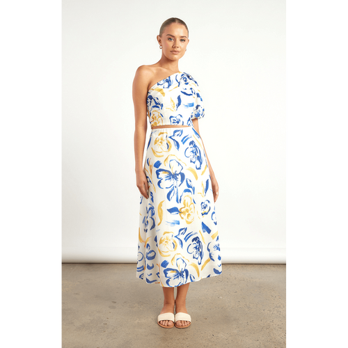 Faux Linen Printed Set with One Shoulder Top and Skirt (WSE316A)