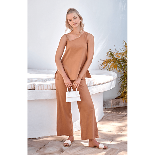 Linen Blend Asymmetric Neckline Long Top (WTO518A)