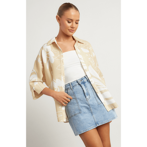 Faux Linen Abstract Printed Button Up Shirt (WTO536B)