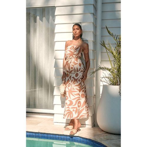 Strapless Abstract Print Faux Linen Top with Thin Tie Belt (WTO572A)