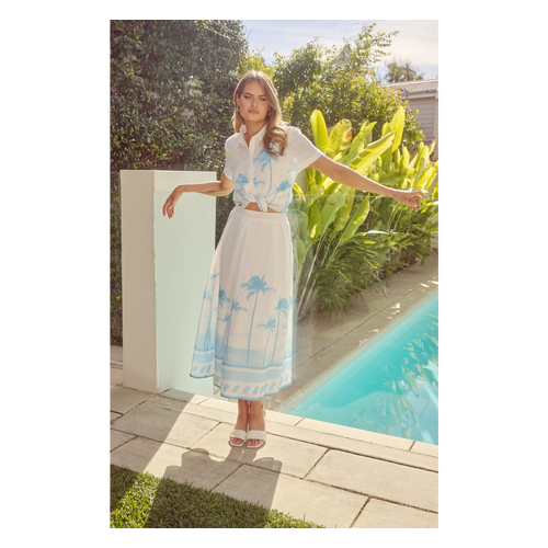 Palm Tree Placement Print Set with Button Up Shirt and Pleated Skirt (SSE484B)