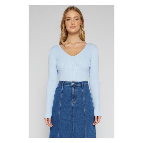 V Neck Long Sleeve Ribbed Knit Top (SKN795)