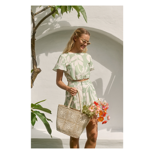 Tropical Icon Print Front Twist Top and Shorts Set (WSE351B)